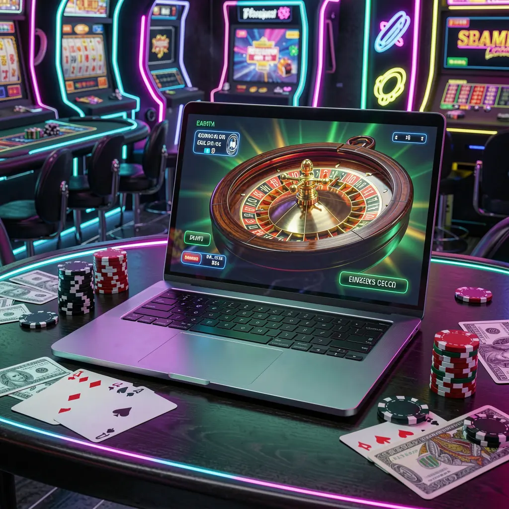 Modern laptop with a glowing online roulette wheel and scattered casino chips showcasing the immersive E677 casino platform for players in the Philippines