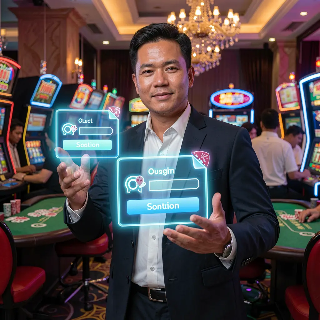 Confident Filipino casino dealer pointing toward a glowing holographic login button inside a vibrant E677 live casino atmosphere
