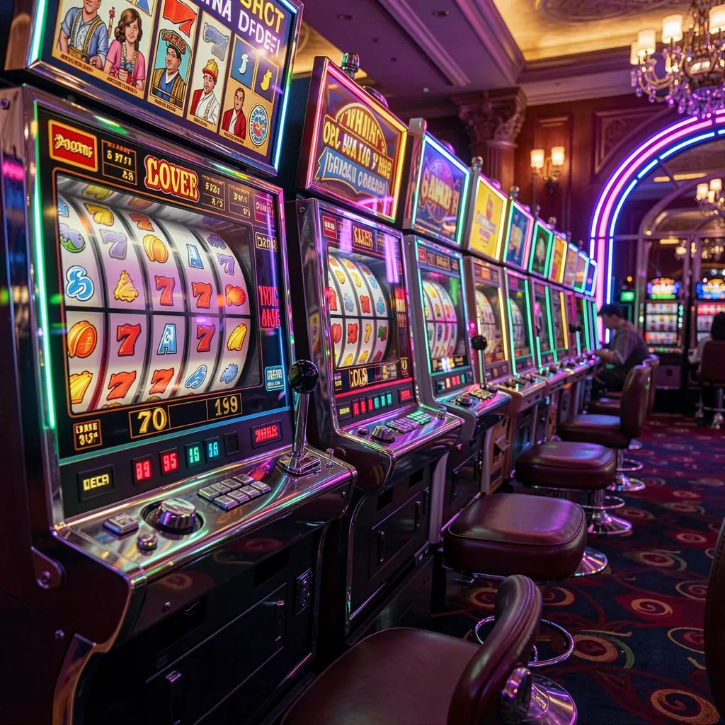 Elegant row of modern slot machines with bright reels and neon lights creating a premium gaming atmosphere at E677 online casino for players in the Philippines